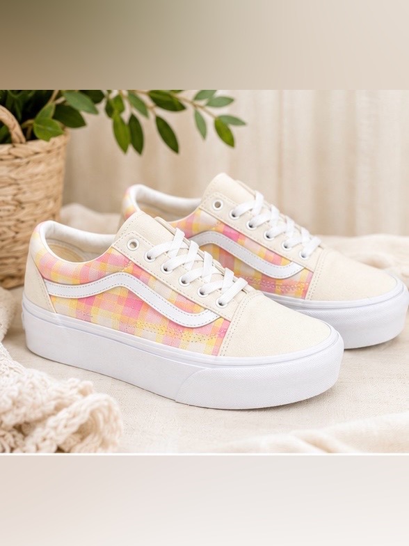Vans Old Skool Stackform Pastel Picnic Platform Sneakers Nib Size 8.5 Pink Plaid